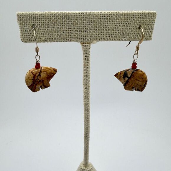 Unique Picture Jasper carved "bear" dangle earrings with sterling silver hooks! - Picture 5 of 15